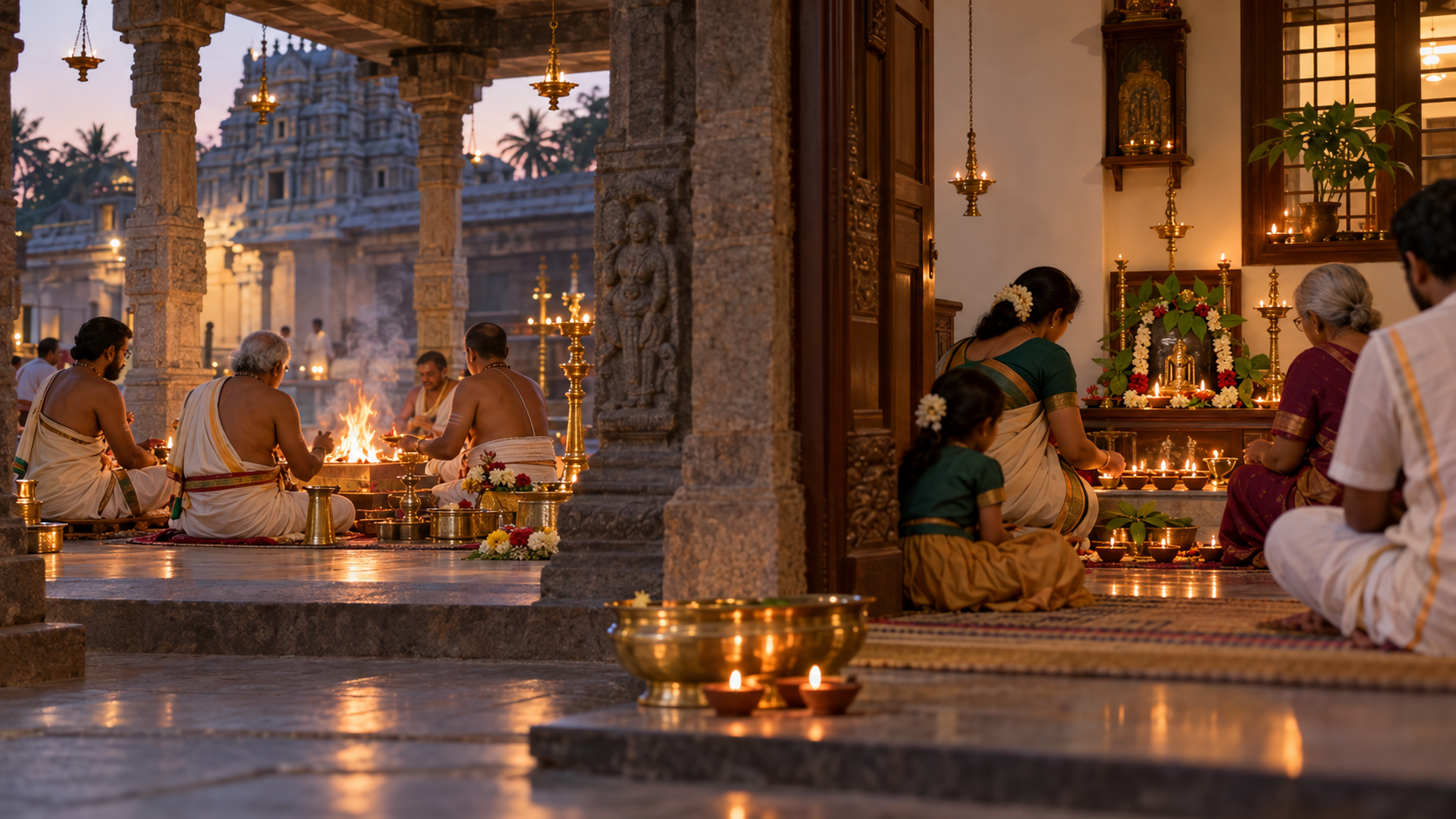 A temple homam in a stone mandapa shown beside a family lighting clay lamps at a home shrine.