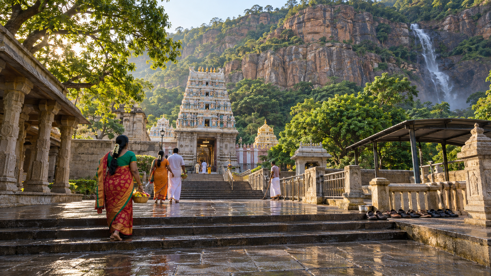 Pilgrims approaching a South Indian temple by stone steps near a rocky, green hillside in the early morning.