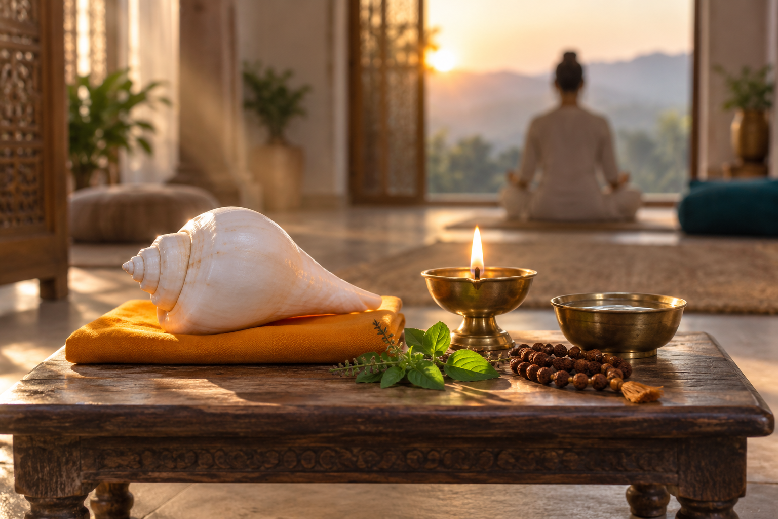 A white conch, oil lamp, tulsi leaves, prayer beads, and water bowl rest on an altar while a person meditates in the background.