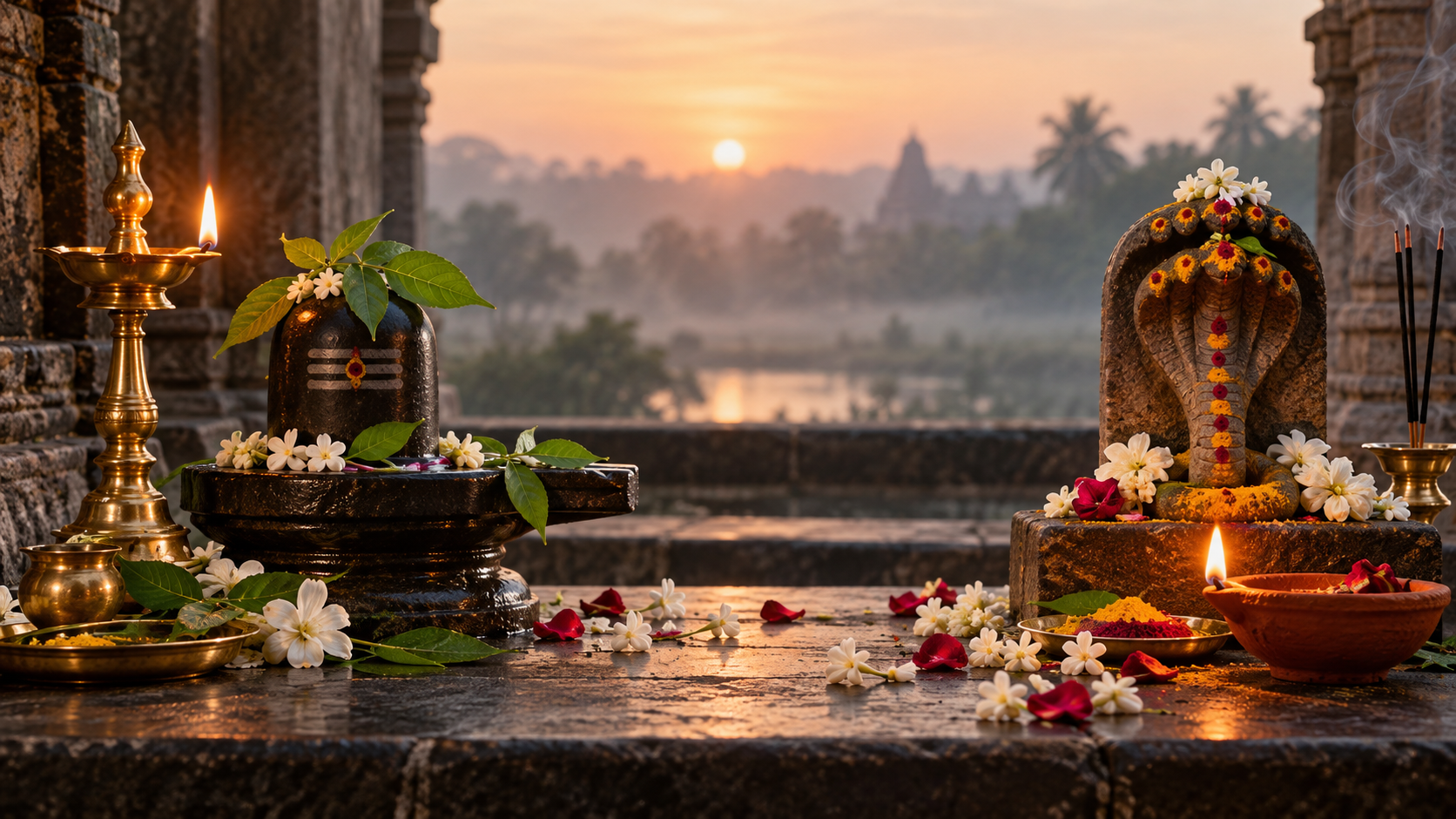 A lamp-lit Shiva lingam and a flower-decorated stone naga shrine arranged together on a dark stone altar.
