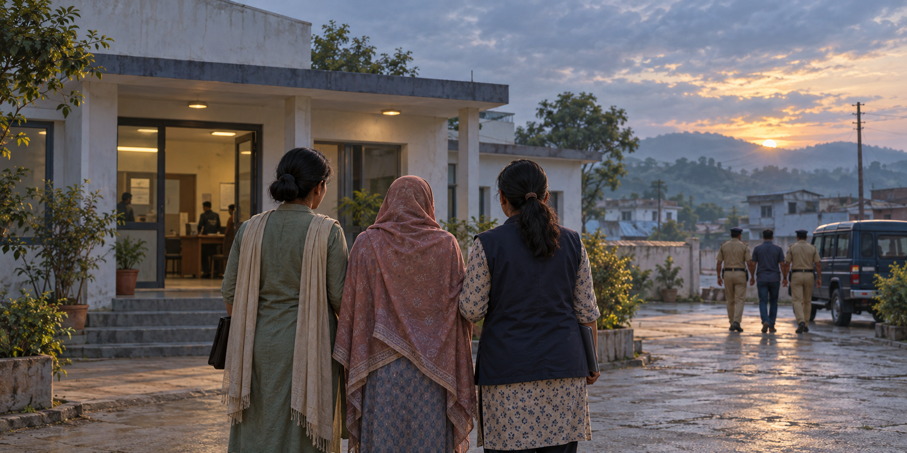 Editorial illustration of an unidentified woman standing with female support workers outside a police station while officers escort a man in the distant background.