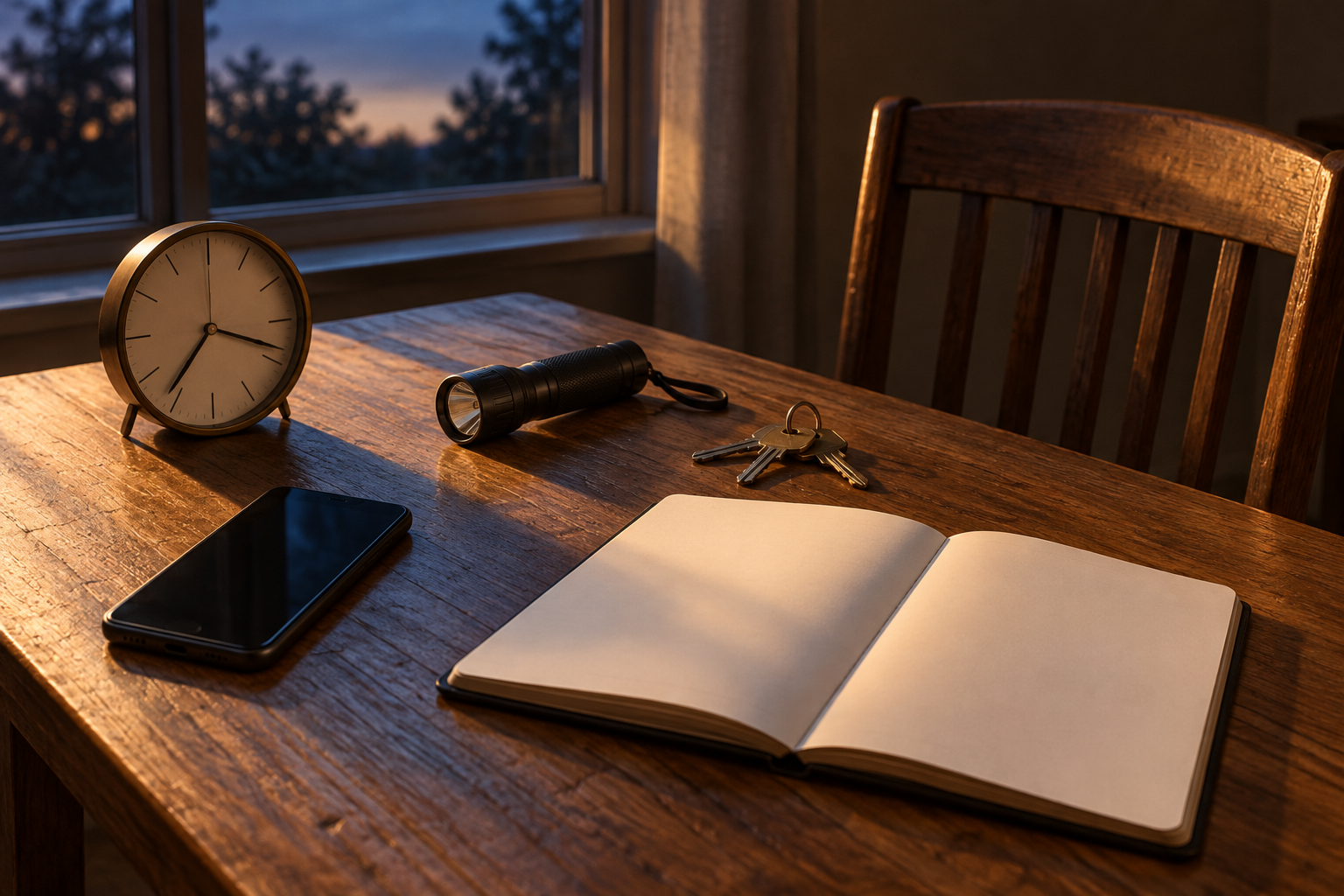 A mobile phone, clock, flashlight, keys, and blank notebook arranged on a table beside an empty chair.