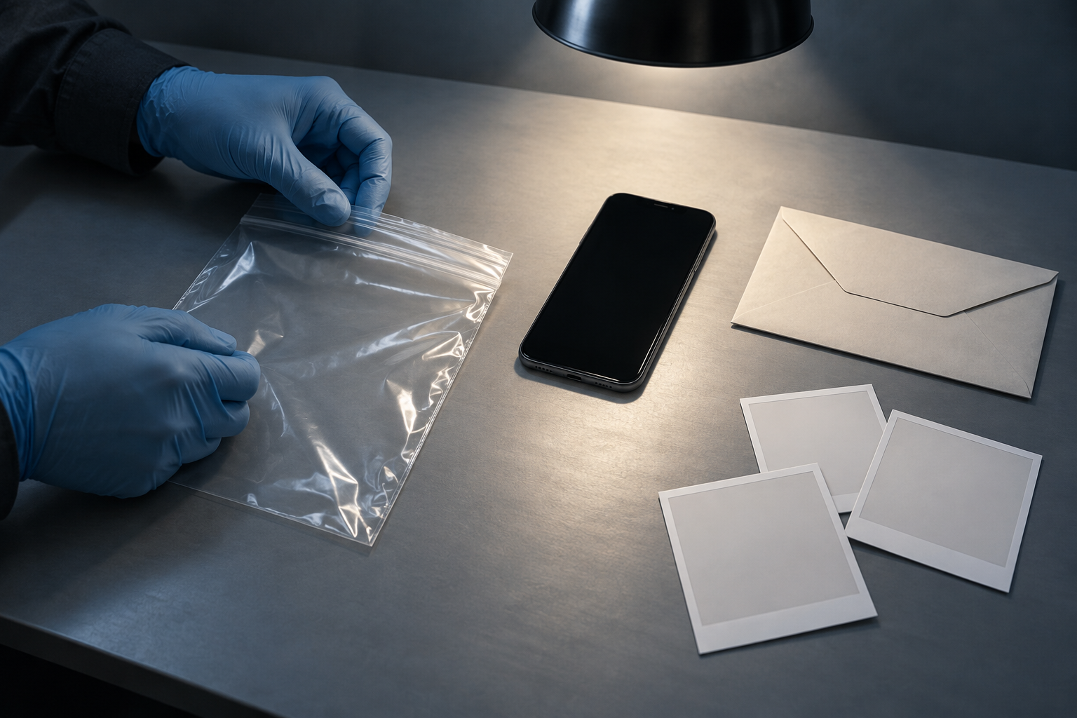 Gloved hands arrange an evidence bag, phone, envelope, and blank photographs on an investigation desk with several empty spaces.