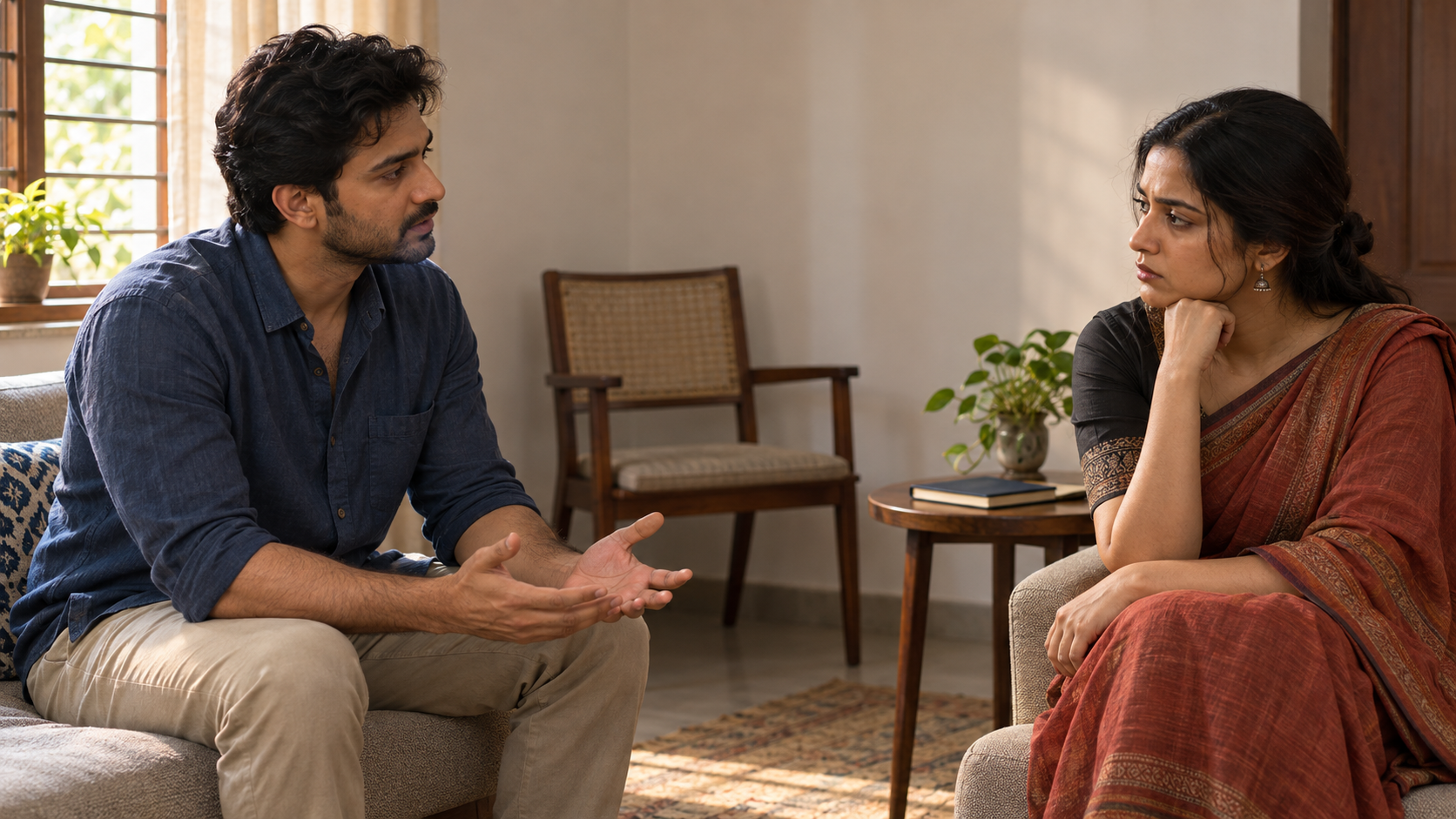 Two adults sit apart in a quiet room as one offers a calm apology and the other listens with a guarded expression.