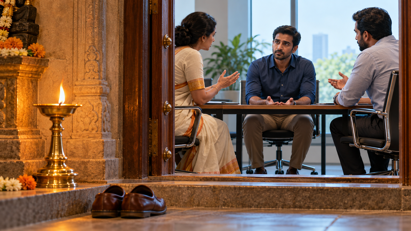 A lit brass lamp at a temple threshold visually leads into a meeting room where an adult listens during a difficult conversation.