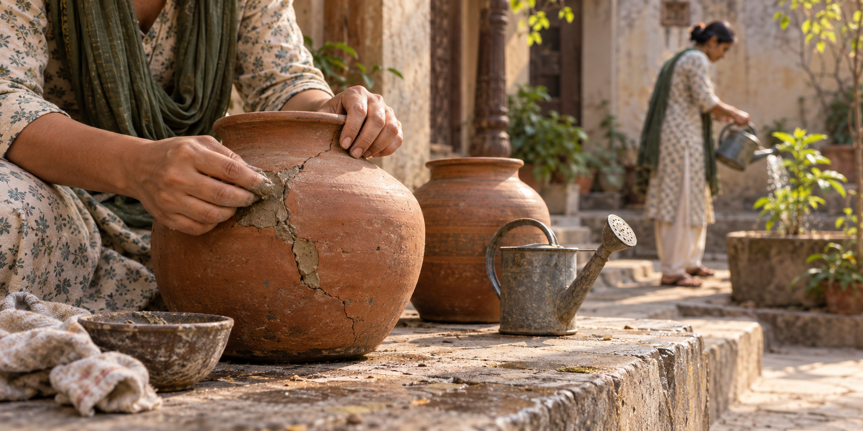Hands mend a cracked clay water vessel while a person waters a young plant in a sunlit courtyard behind them.