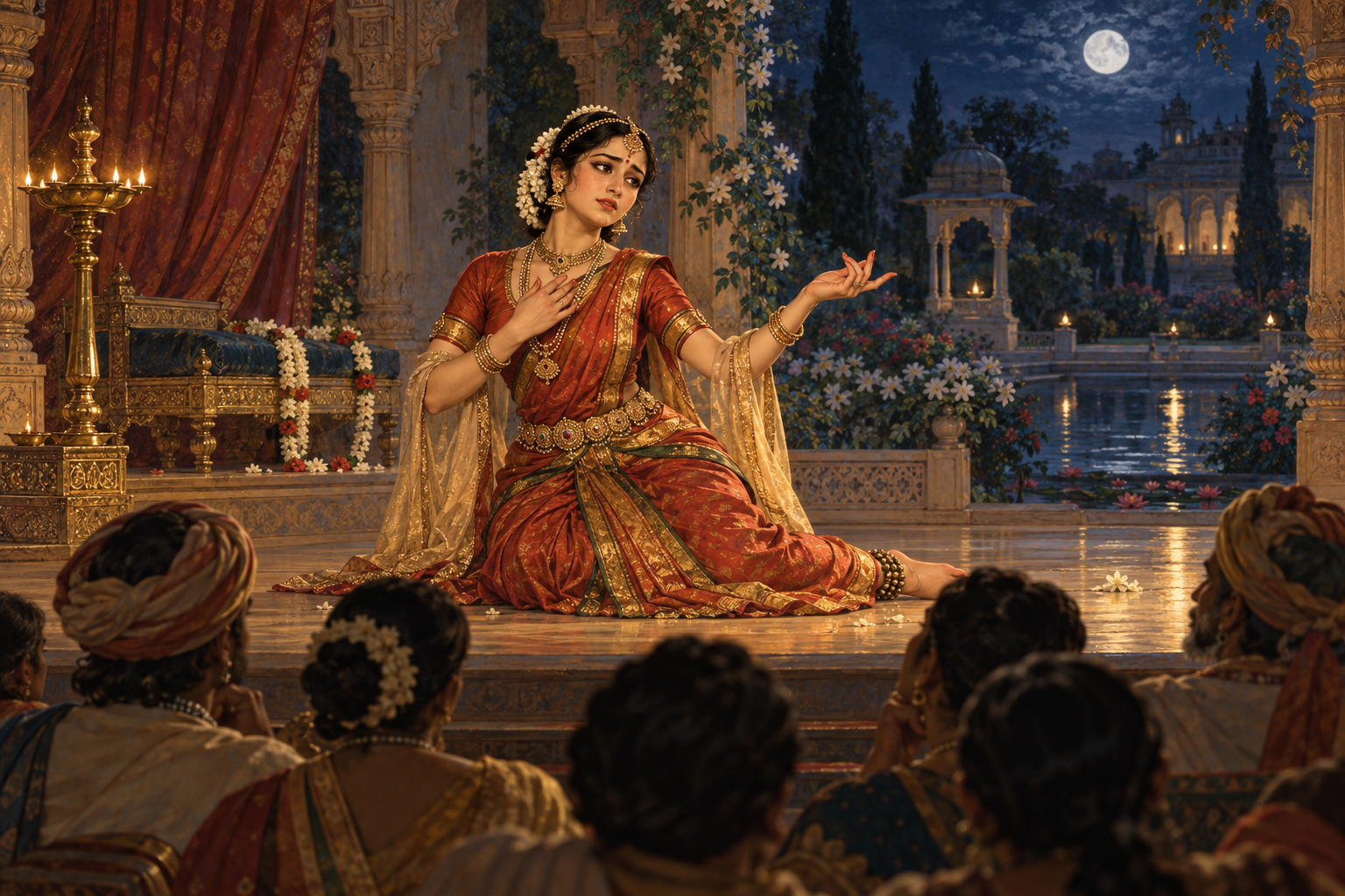 A classical Indian stage performer gestures in a moonlit palace-garden scene as an attentive audience watches in warm lamplight.