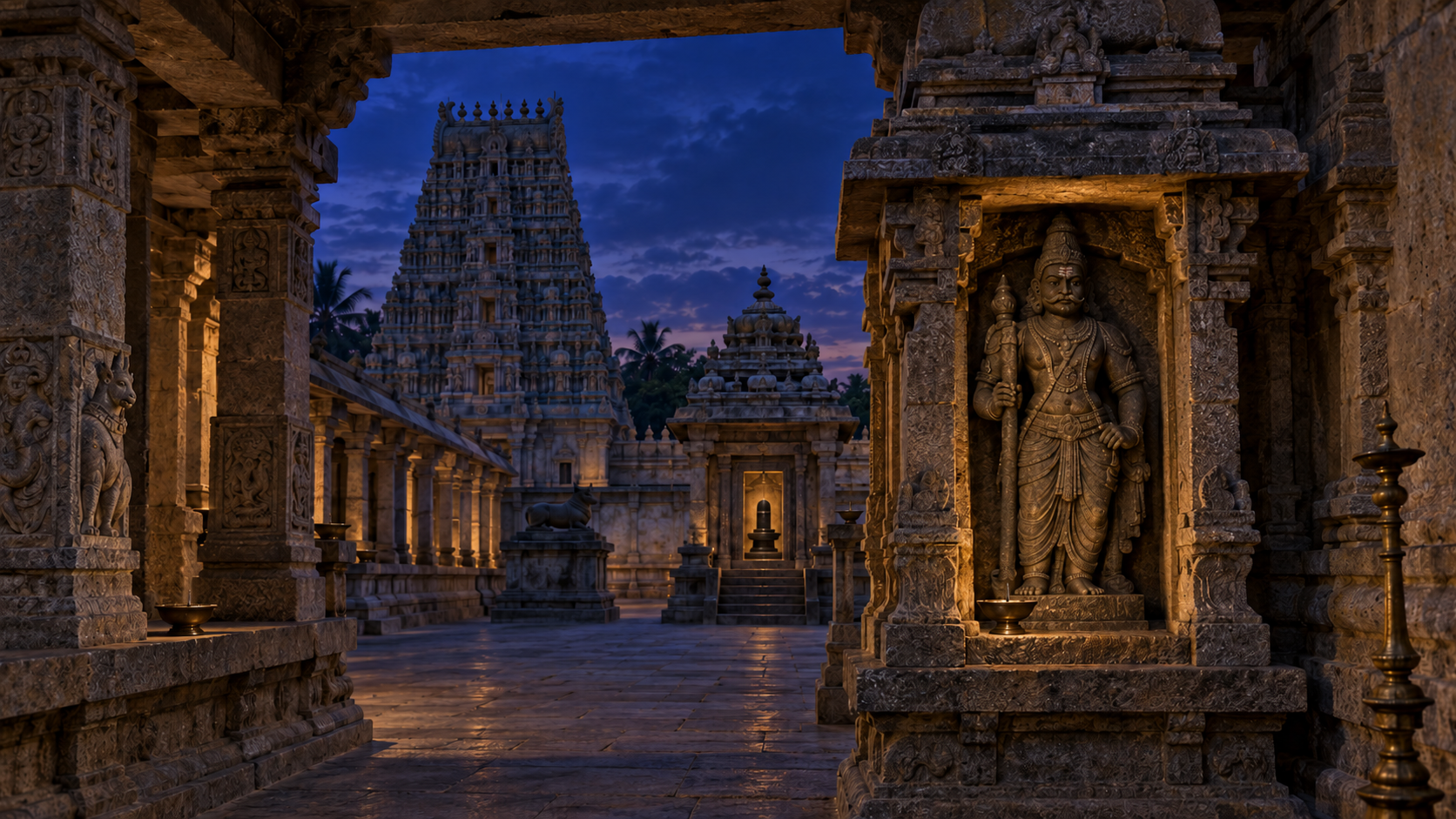 A small stone guardian shrine stands inside the enclosure of a Tamil temple at twilight, with pillared corridors and the larger temple complex visible behind it.