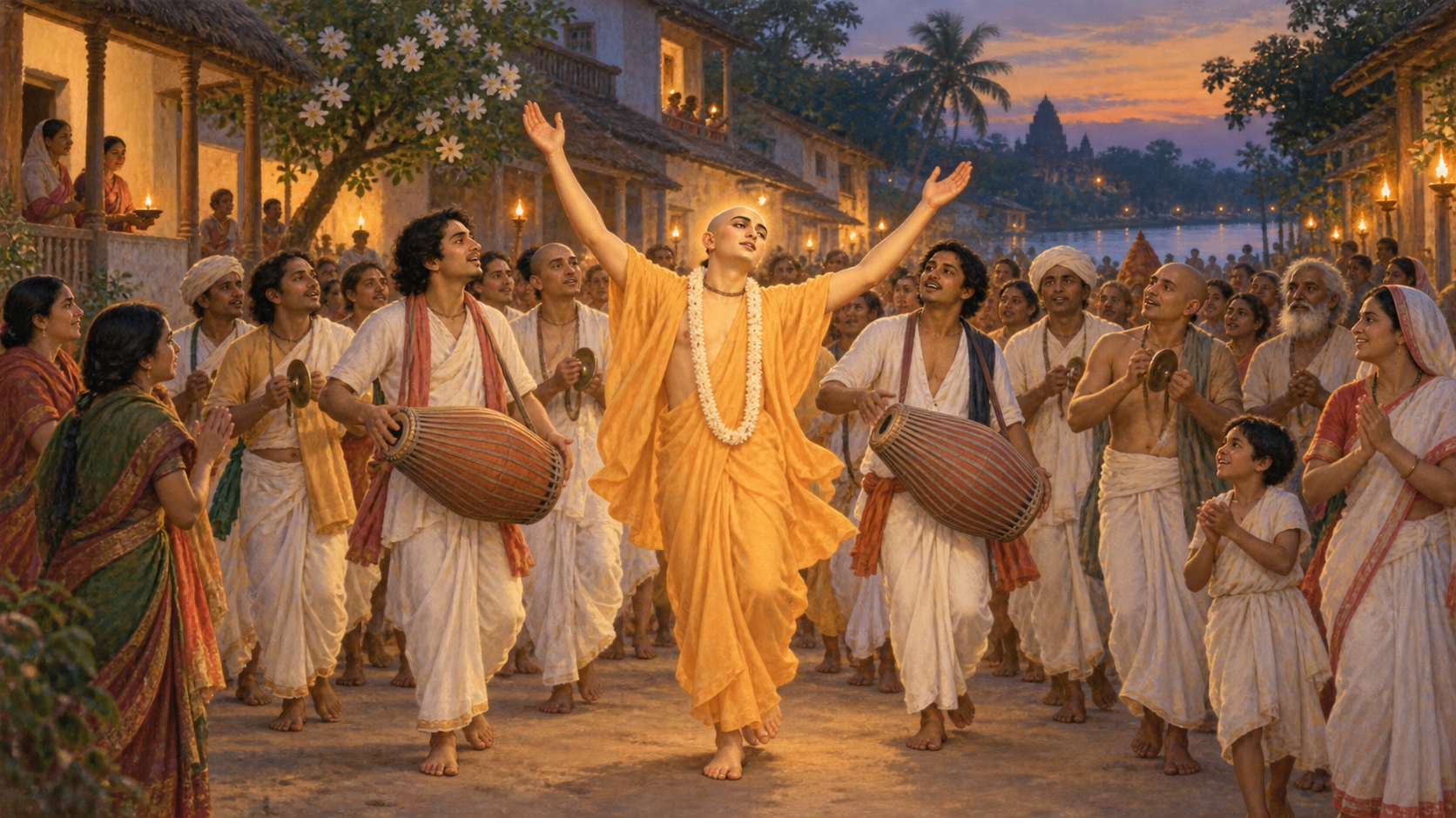 Sri Chaitanya leads a devotional singing procession with drummers, cymbal players, and townspeople on a lamp-lit street in sixteenth-century Bengal.