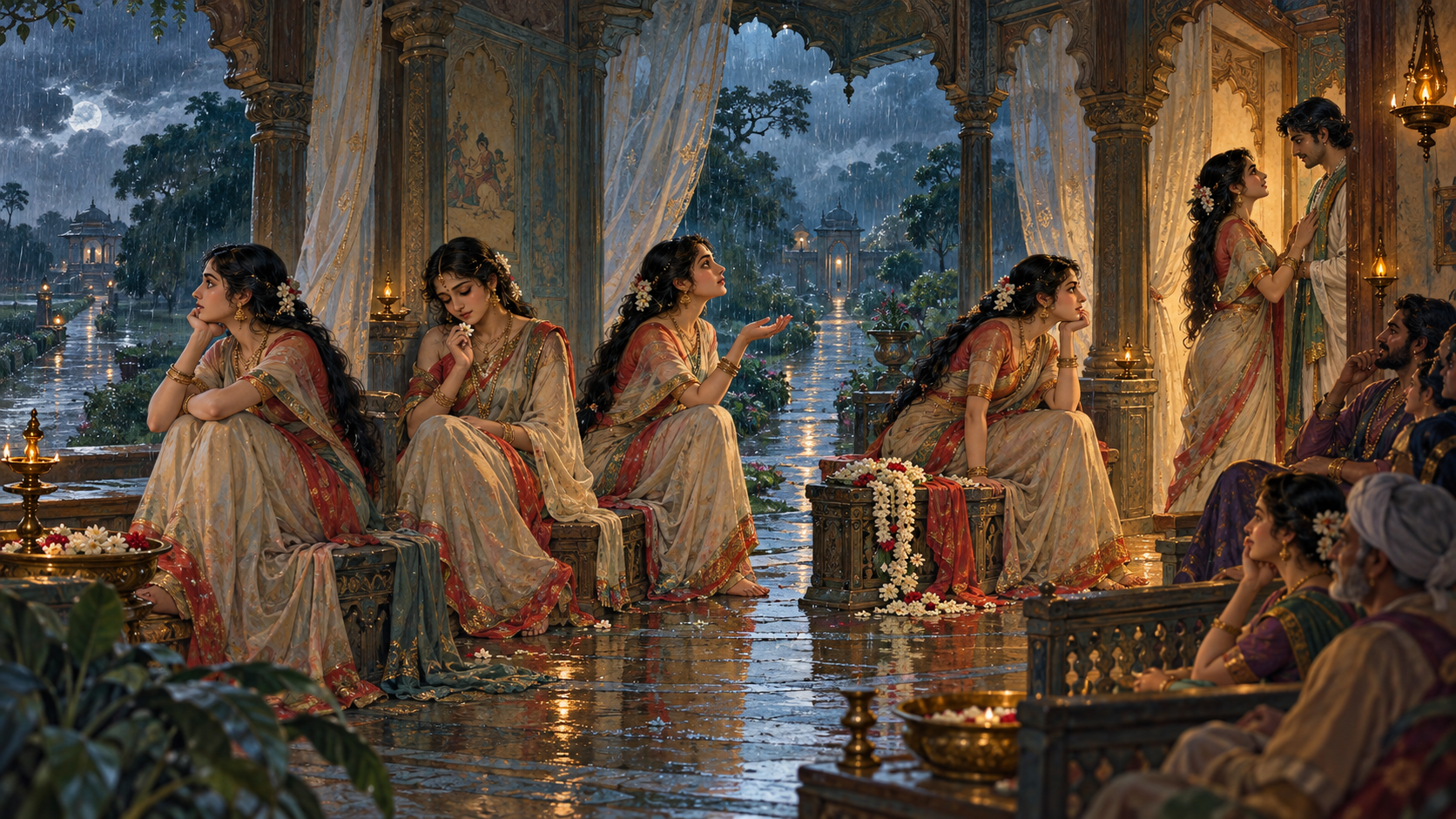 A continuous theatrical tableau shows a waiting heroine's circumstances, gestures, changing feelings, sustained longing, and the audience's absorbed response.