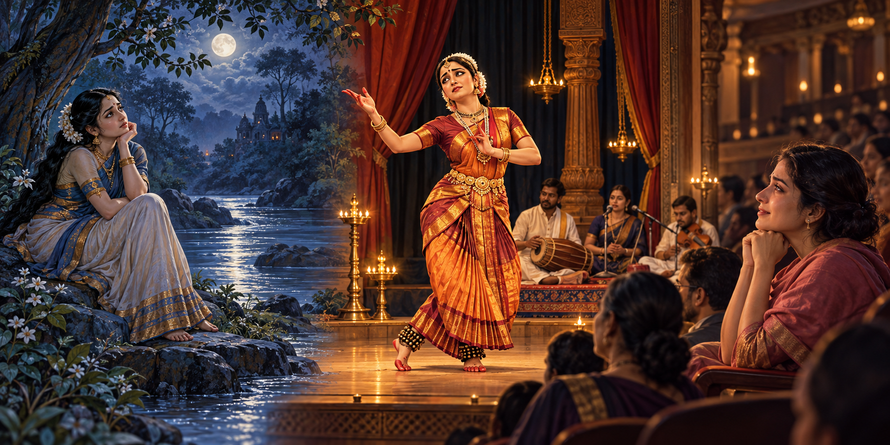 Three connected scenes distinguish a character in a moonlit forest, the performer portraying the role onstage, and a spectator watching from the audience.
