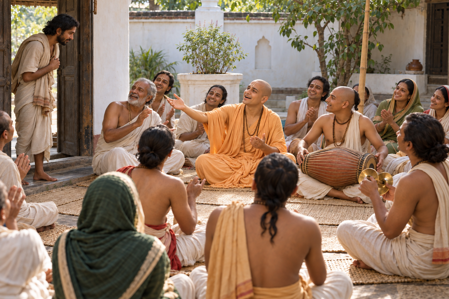 A newcomer is welcomed into a courtyard kirtan where Sri Chaitanya and other devotees sing, clap, and play traditional instruments.