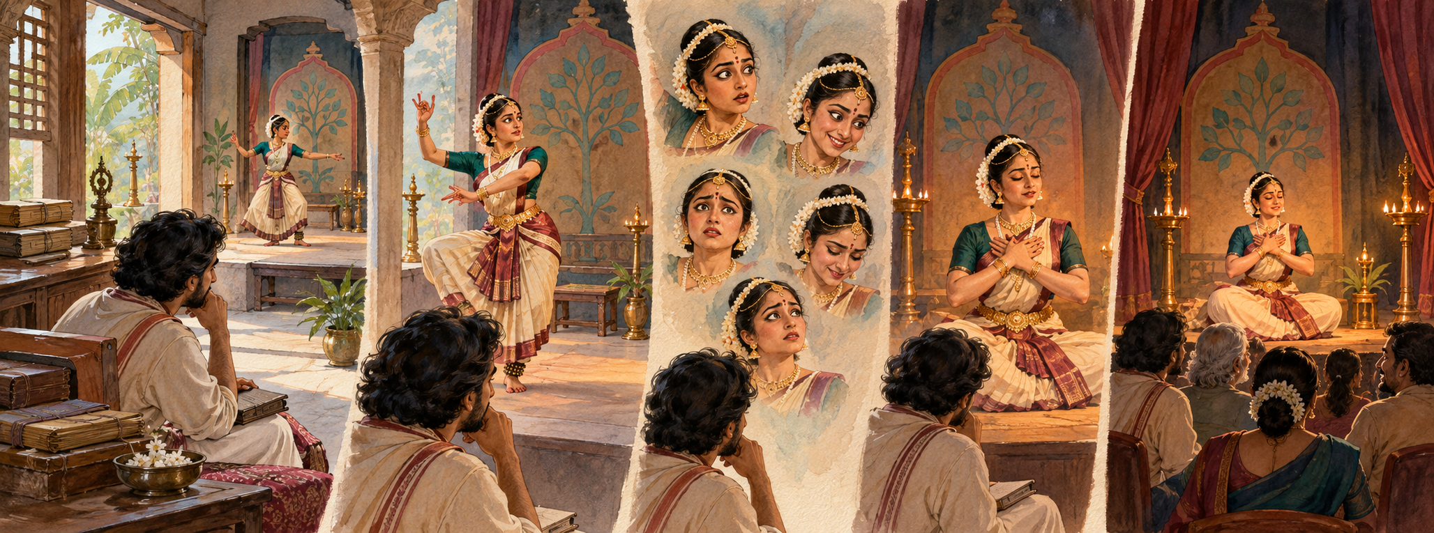 A scholar studies five successive views of a performance, moving from the scene and gestures to changing feelings, sustained emotion, and audience response.