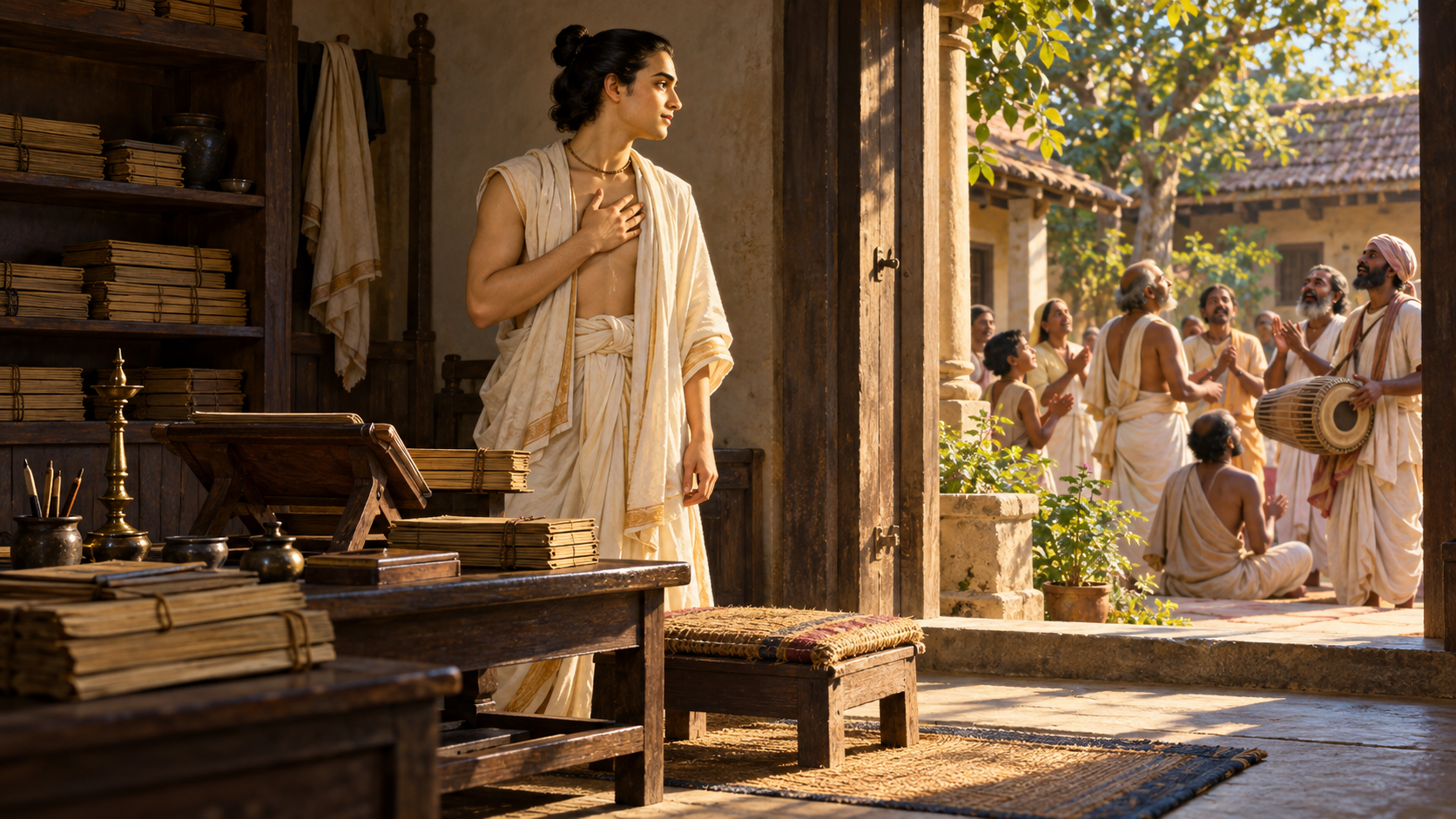 Sri Chaitanya rises from a room of palm-leaf manuscripts and turns toward devotees singing together in the courtyard outside.