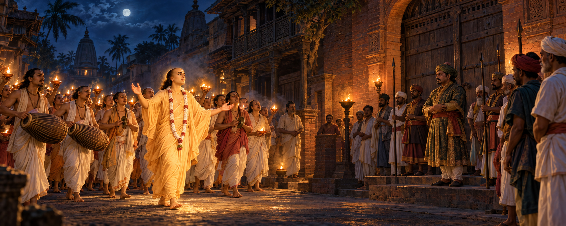 Sri Chaitanya calmly leads a lamp-lit devotional procession facing guarded town officials without violence or hostility.
