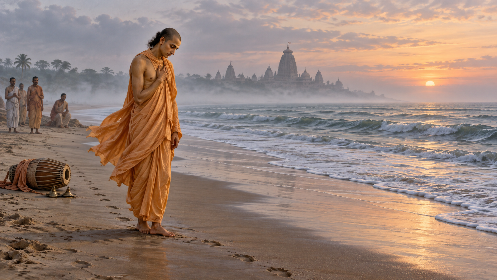 Sri Chaitanya stands in quiet contemplation beside the ocean at dawn, with musical instruments resting on the sand behind him.