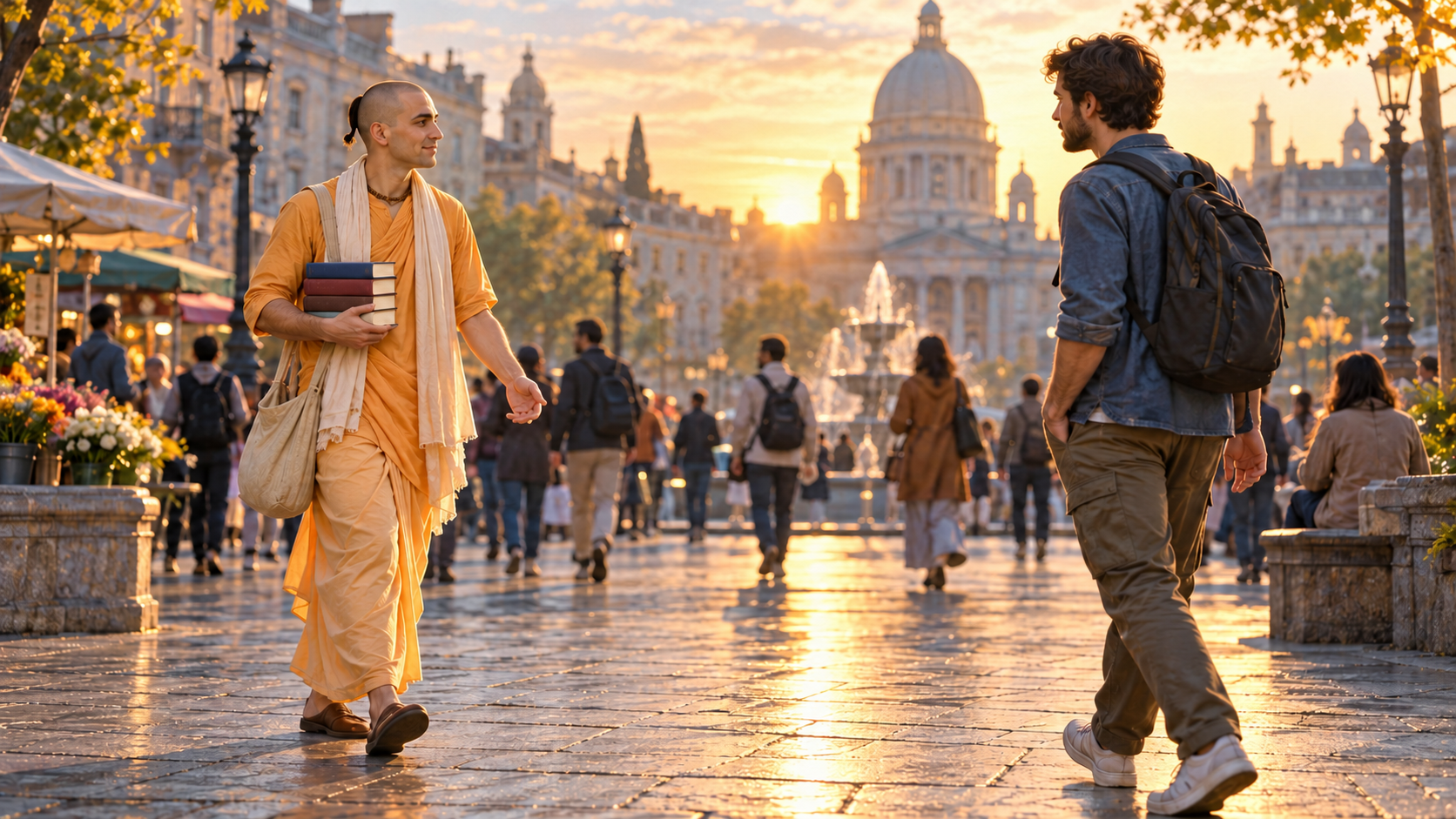 A book distributor holding several plain books steps toward a passerby in a sunlit public square.