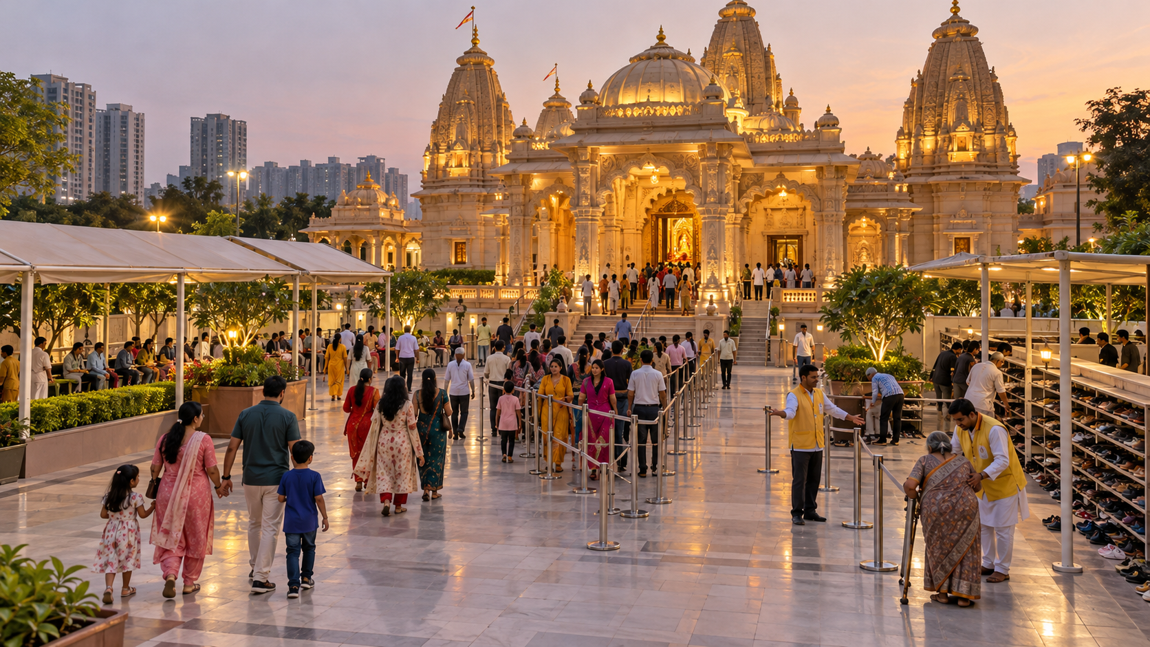 Devotees form orderly queues and move through the forecourt of a busy Noida temple during the evening.