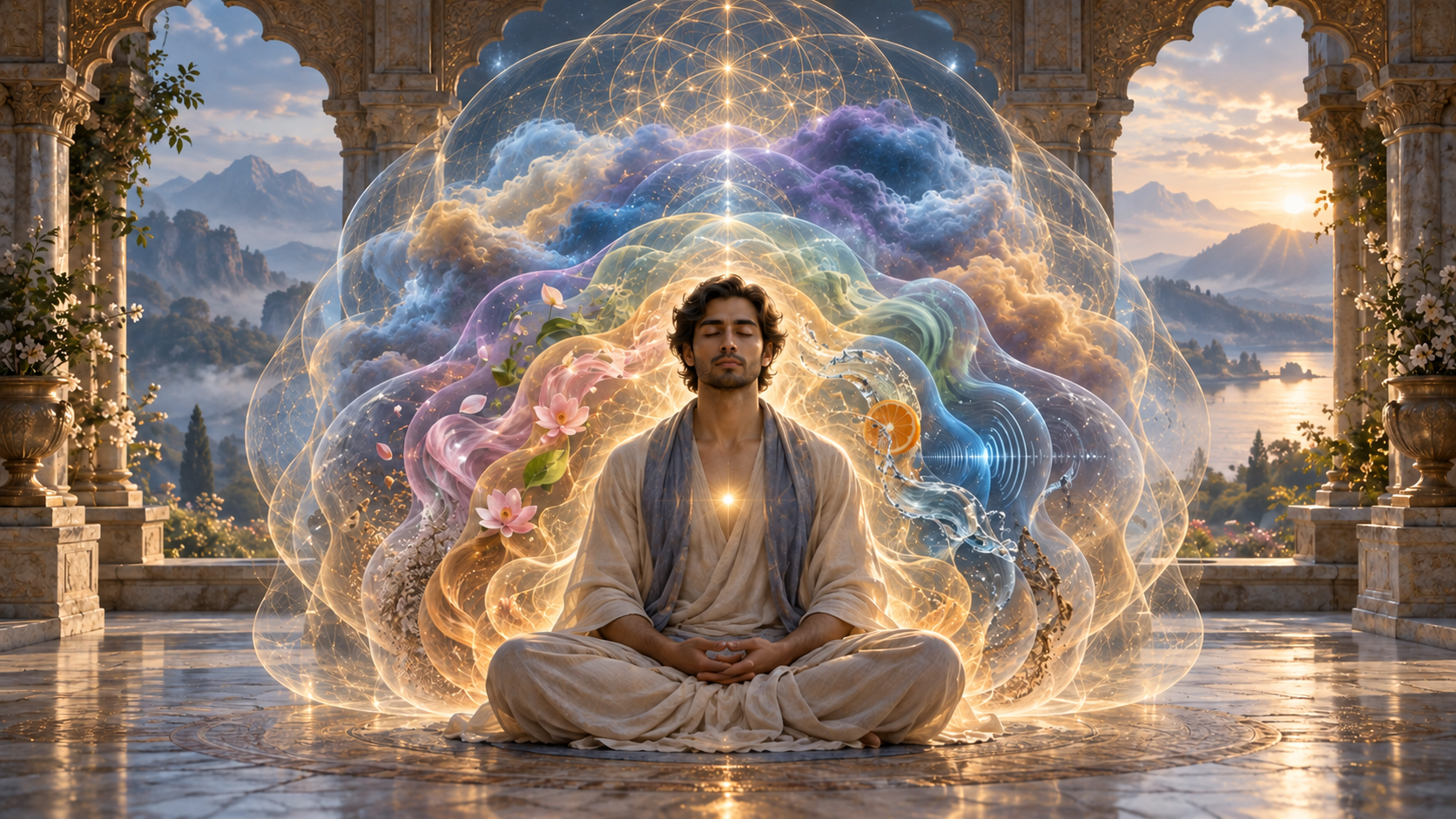 A seated figure is surrounded by translucent layers representing the body, senses, emotions, mind, intellect, and ego, with a steady light at the center.