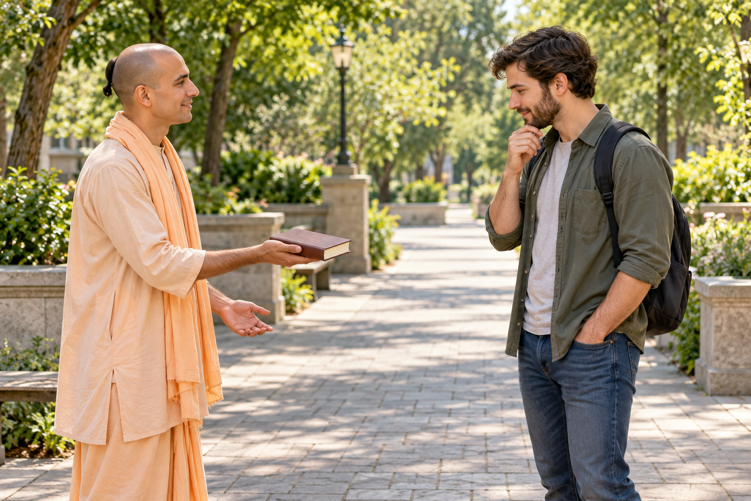 A book distributor calmly offers an unmarked book to a passerby while leaving space for the person to choose.