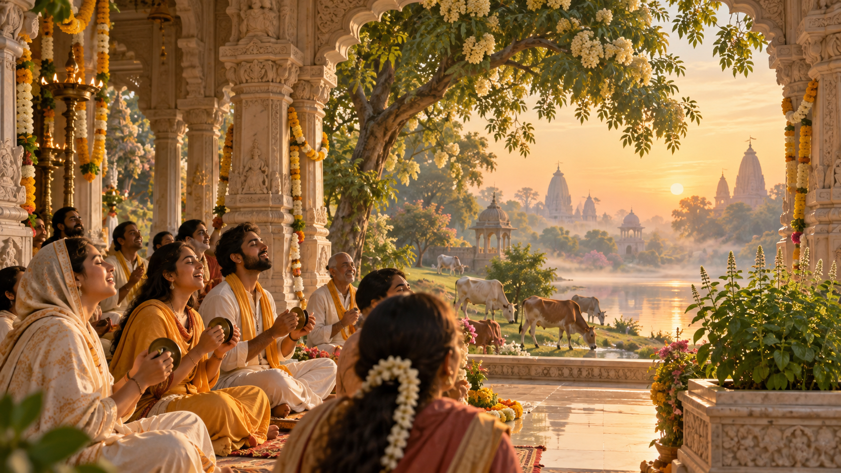 Devotees sing beside garlands and sacred basil as an open arch reveals a pastoral riverside landscape with trees, cows and distant temples.