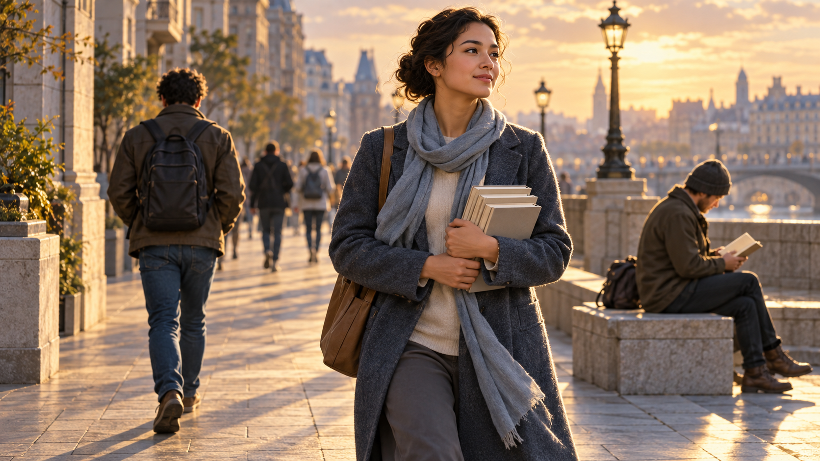 A calm book distributor walks onward as one passerby leaves and another sits nearby with a book.