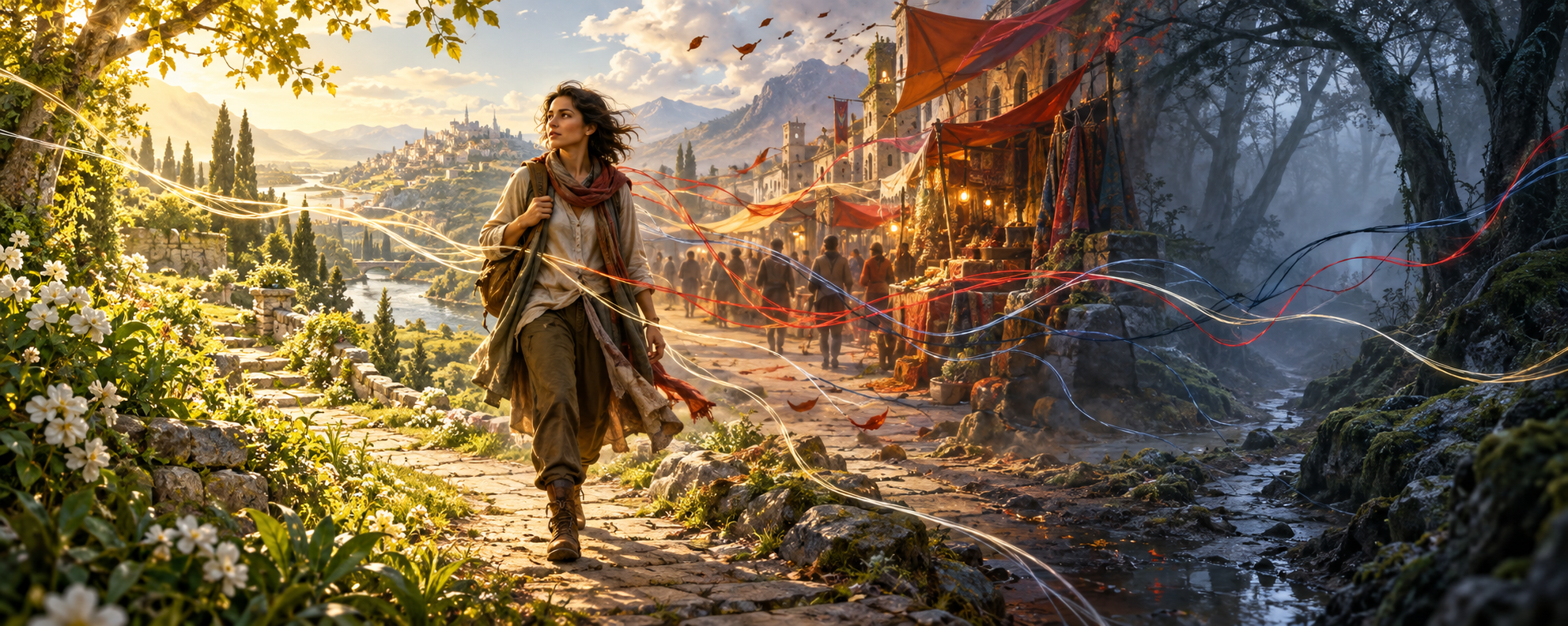 One traveler moves through a bright garden, an active marketplace, and a shadowed grove while three colored threads pass around the figure.