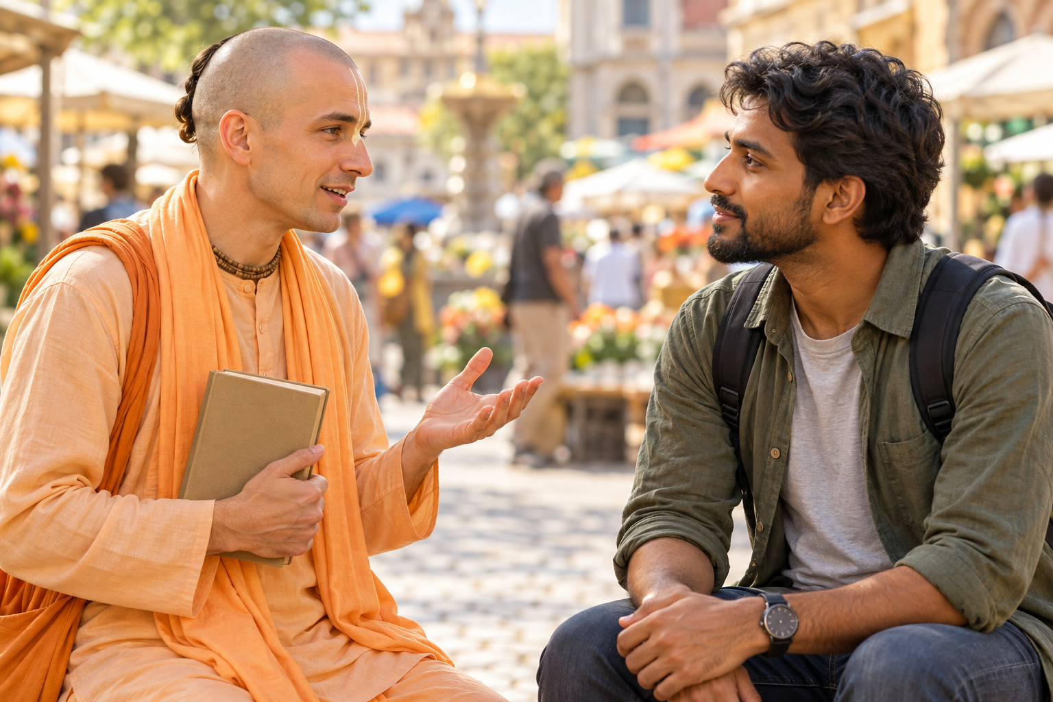 A relaxed book distributor speaks with an attentive listener using a gentle open-handed gesture.