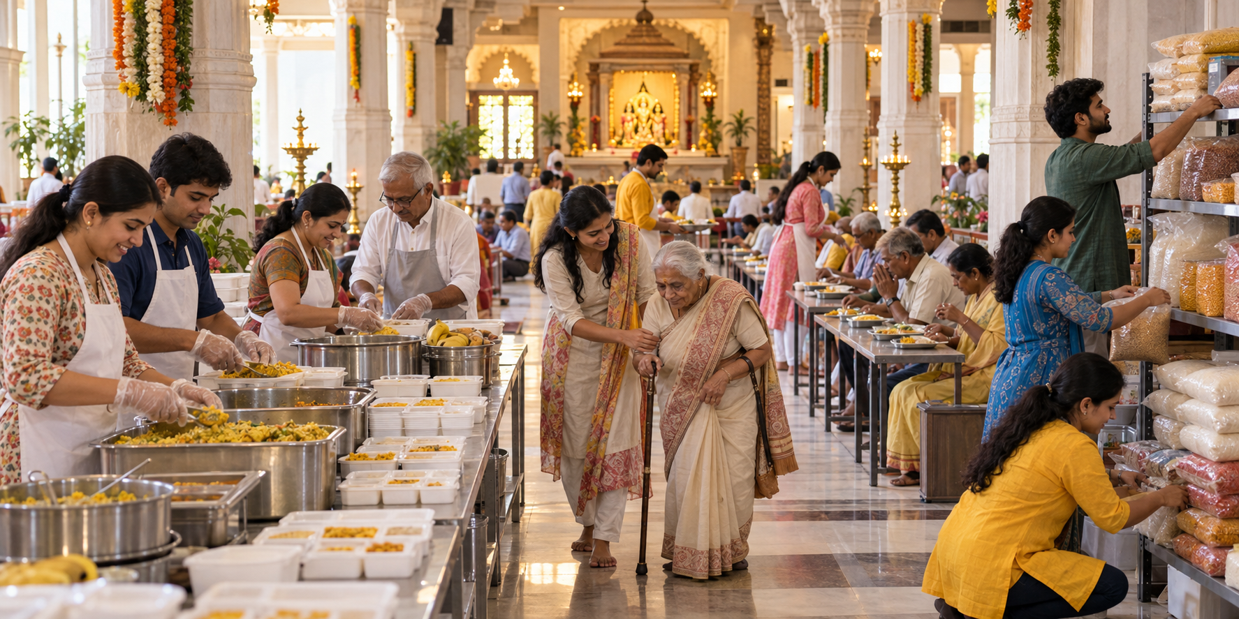 Temple volunteers prepare and serve vegetarian meals while assisting visitors in a spacious community hall.
