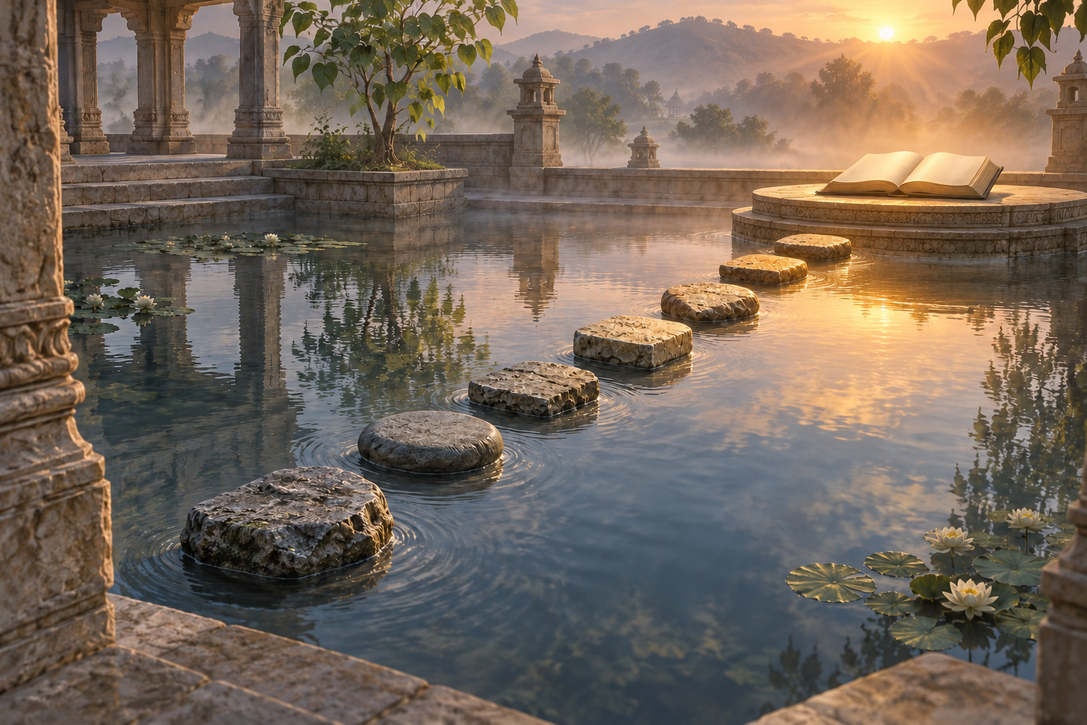 Seven stepping stones cross a reflective pool toward a blank open manuscript glowing in the morning light.