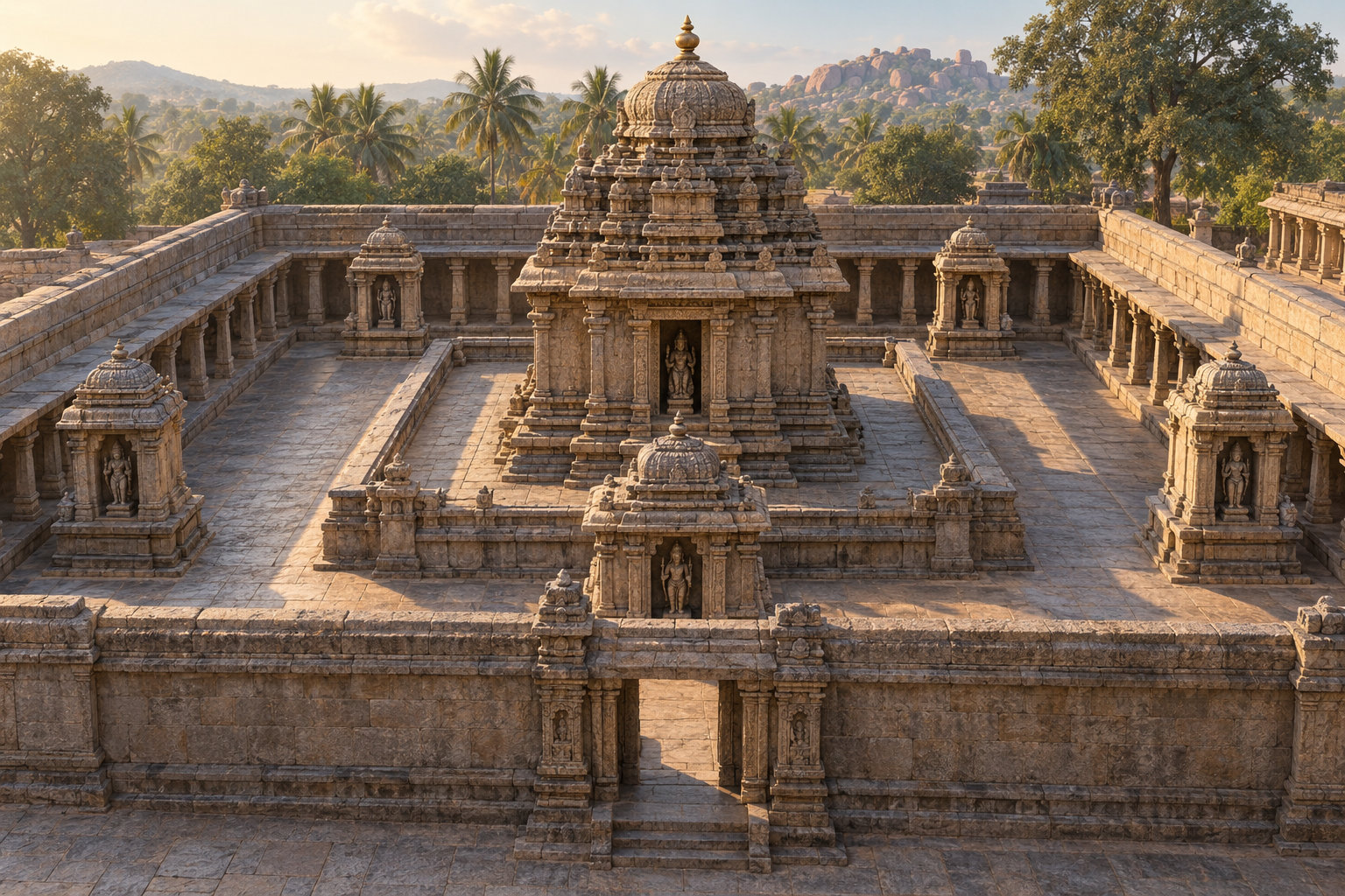 An elevated view of a Tamil temple enclosure shows a central sanctum complex and five smaller guardian niches arranged within the surrounding stone passage.