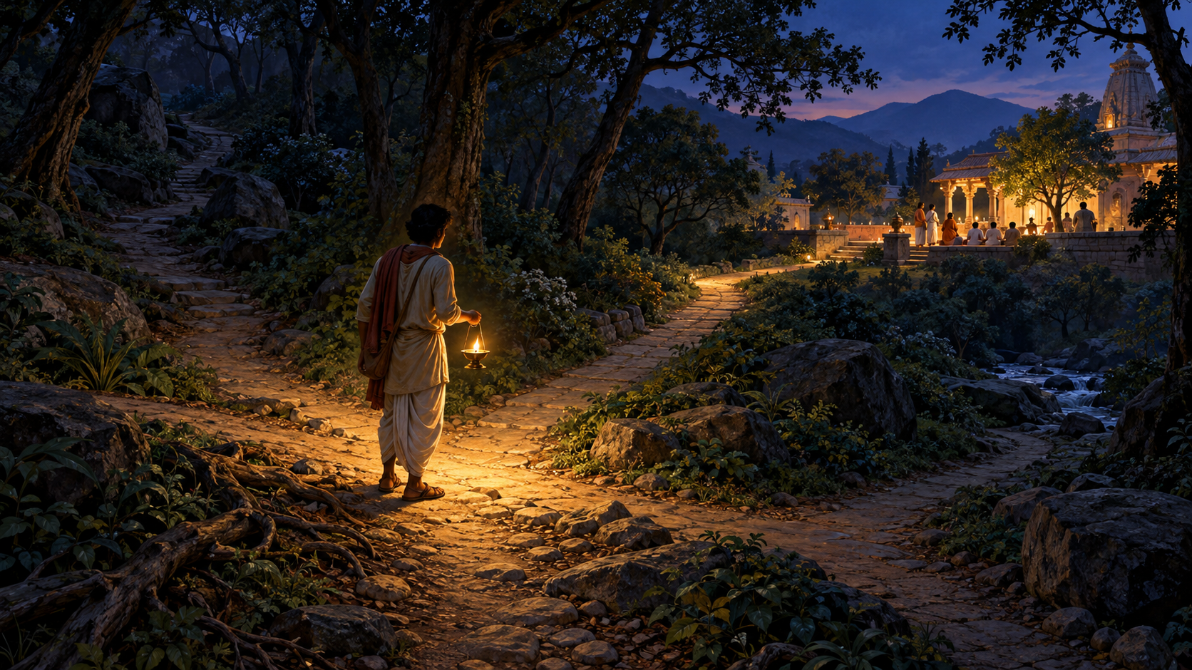 A seeker with a lamp chooses a forest path leading toward a warmly lit temple courtyard where people make devotional offerings.