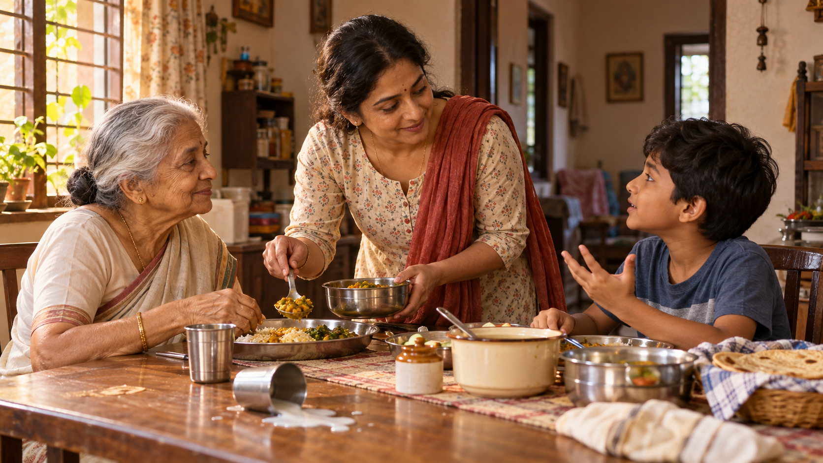 An adult calmly serves a meal to an older relative while listening to a younger family member beside a spilled cup in a family home.