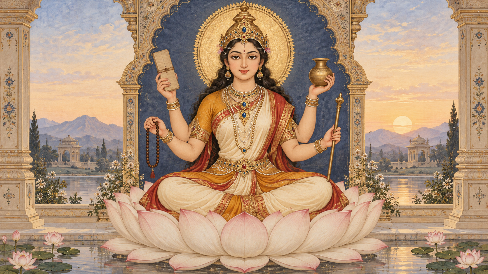 Four-armed Vageshwari sits serenely on a lotus, holding a manuscript, prayer beads, a water pot, and a small staff.