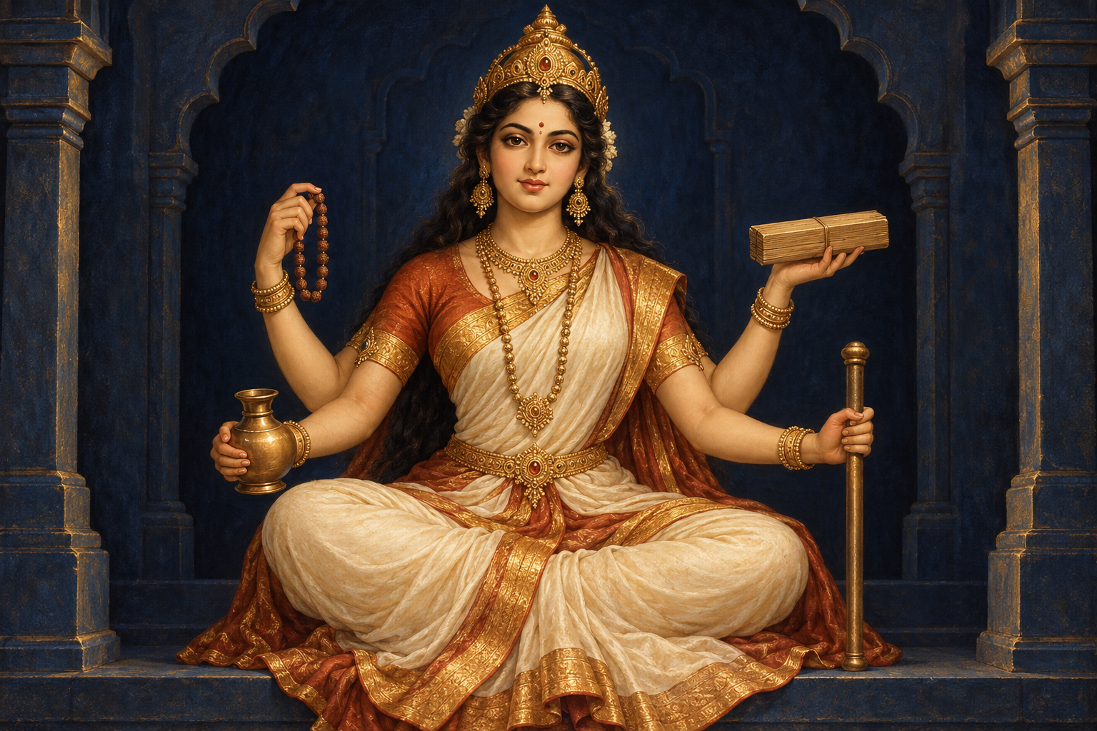 Vageshwari's four hands separately hold a blank palm-leaf manuscript, prayer beads, a water pot, and a short staff.