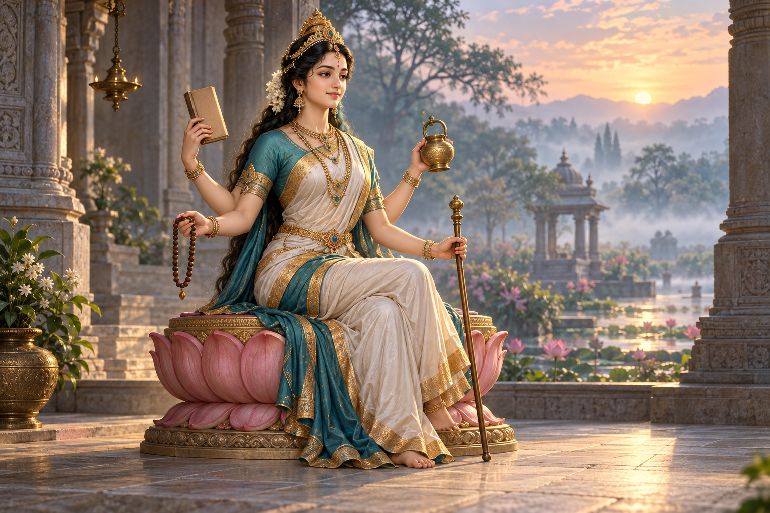 Vageshwari sits upright in a relaxed lotus posture, calmly holding her four attributes with the staff lowered at her side.