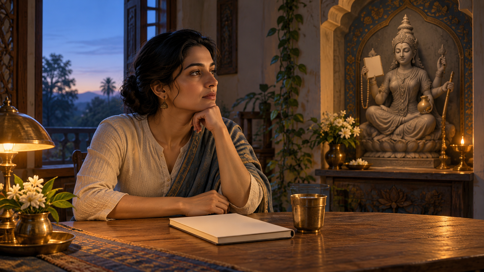 A person quietly prepares at a table while a four-armed image of Vageshwari stands in a softly lit shrine alcove behind them.