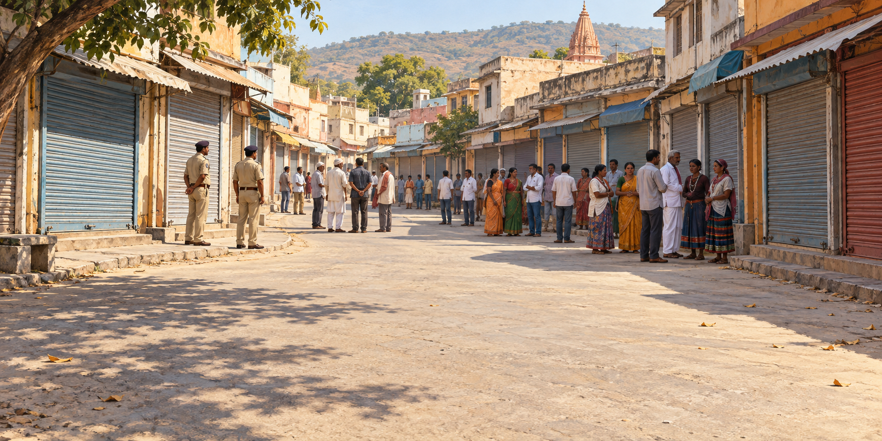 Editorial illustration of a quiet Gujarat market street with closed shop shutters, small groups of residents, and police officers during a peaceful shutdown.
