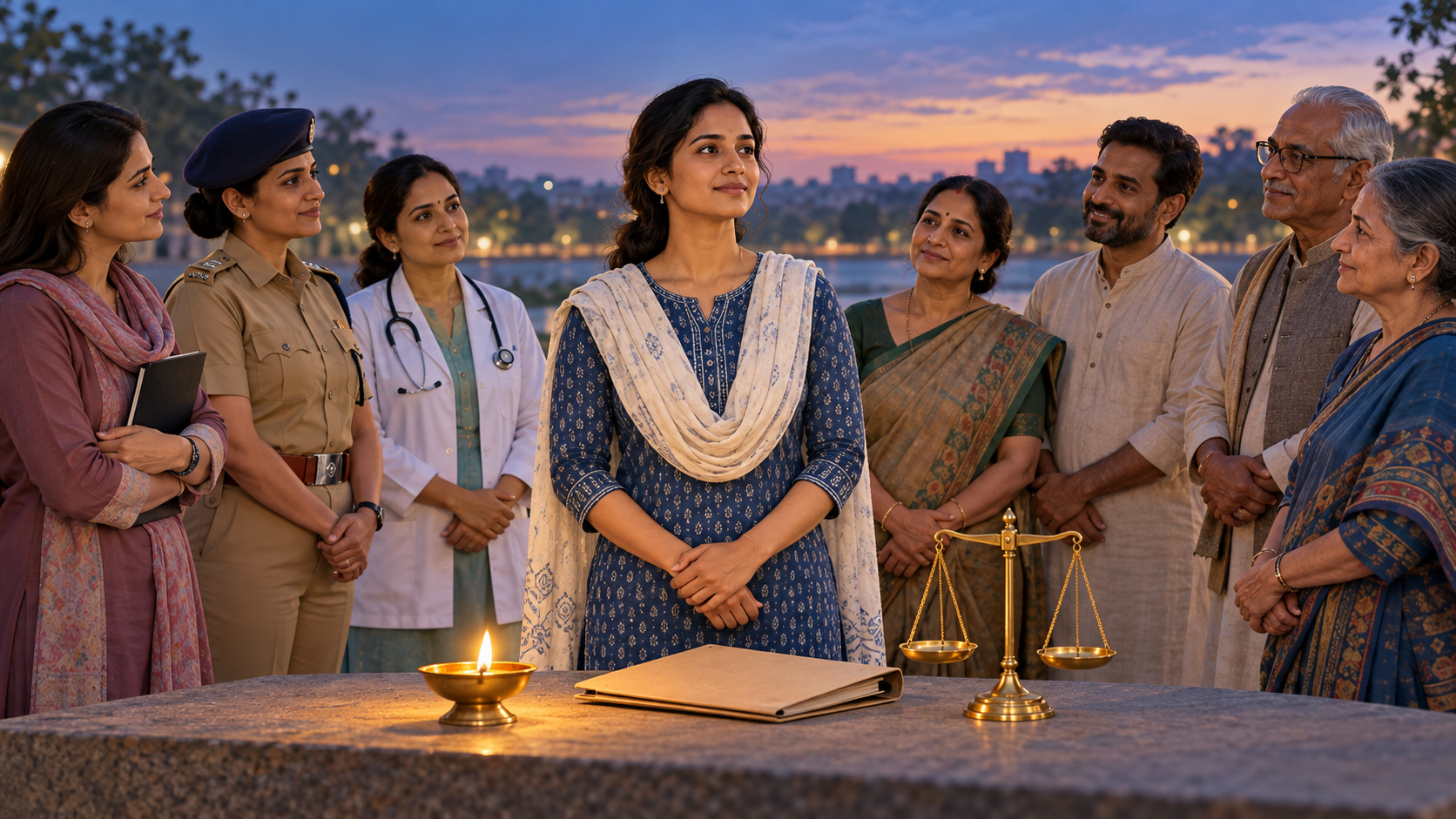 Conceptual illustration of a woman surrounded by an open semicircle of counselors, officials, relatives, and elders, with a lamp and balanced scale in the foreground.