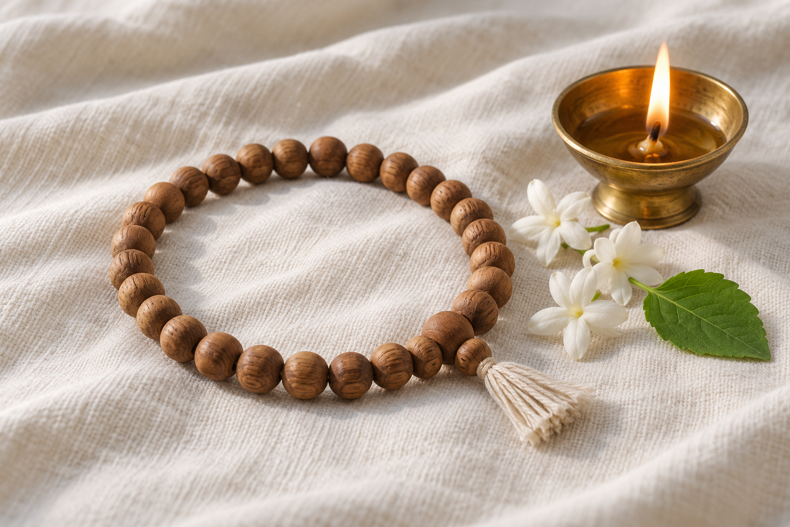 Wooden prayer beads lie beside a lit brass oil lamp, jasmine flowers, and a tulsi leaf on a plain cotton cloth.