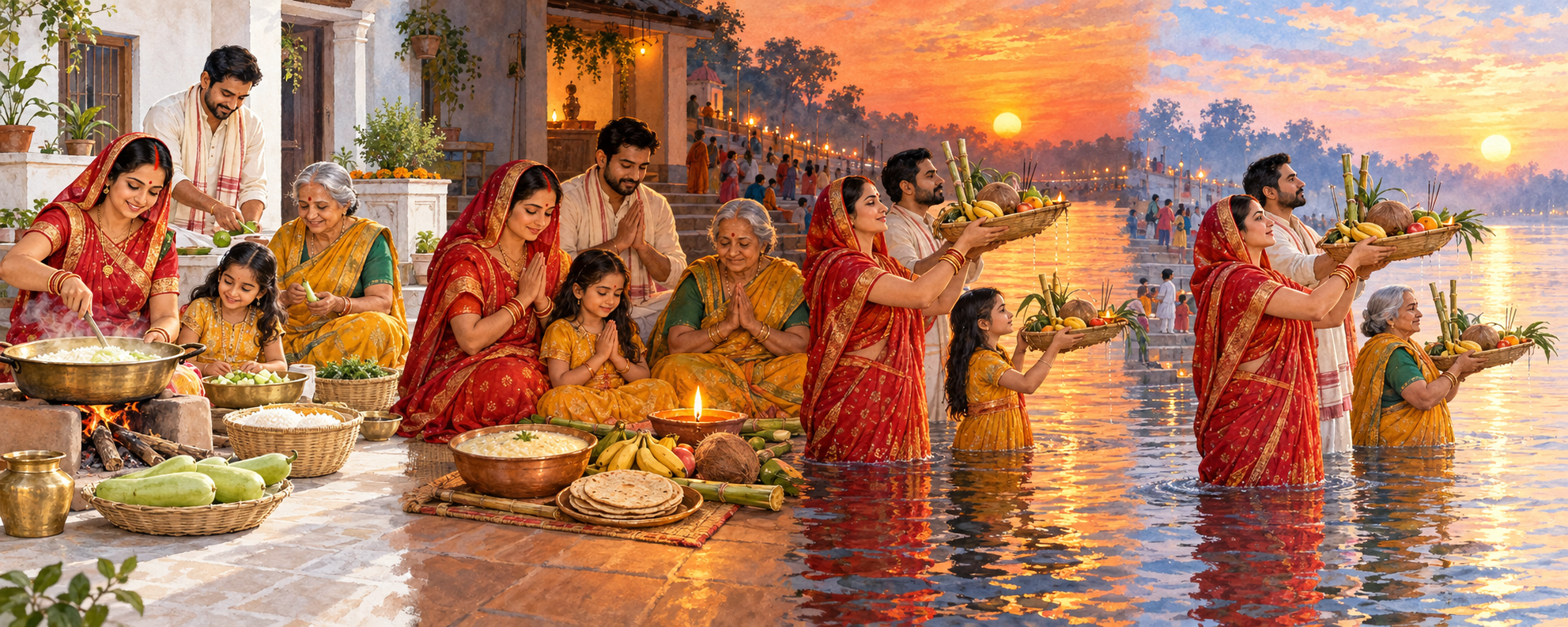 Four illustrated scenes show a family preparing a simple meal, observing Kharna, offering Arghya at sunset and returning to the river at sunrise.