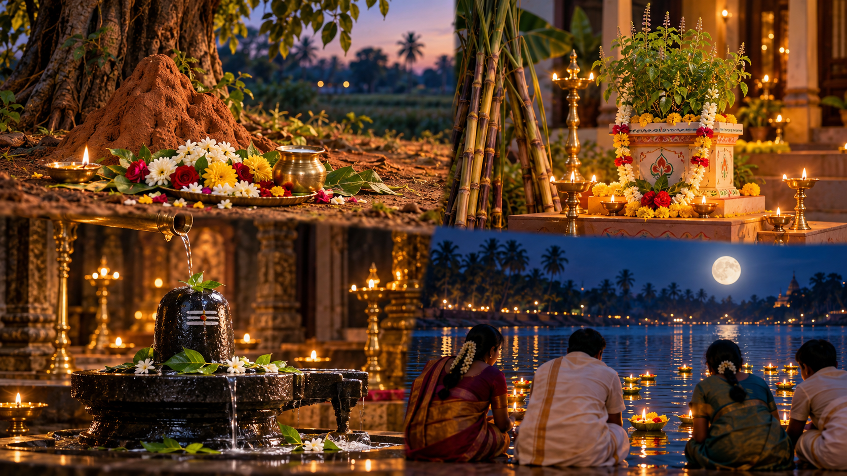 Four devotional scenes show an offering at an earthen serpent mound, a decorated holy basil plant, worship of a Shiva linga, and lamps placed on a river beneath a full moon.