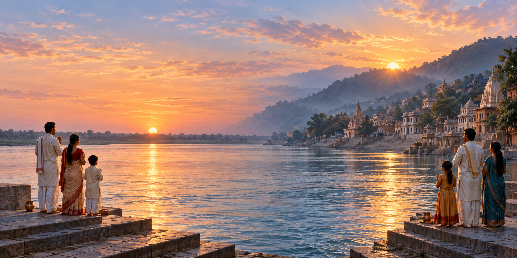 Two families watch sunrise from different river ghats, one with a flat horizon and the other with hills and buildings along the horizon.