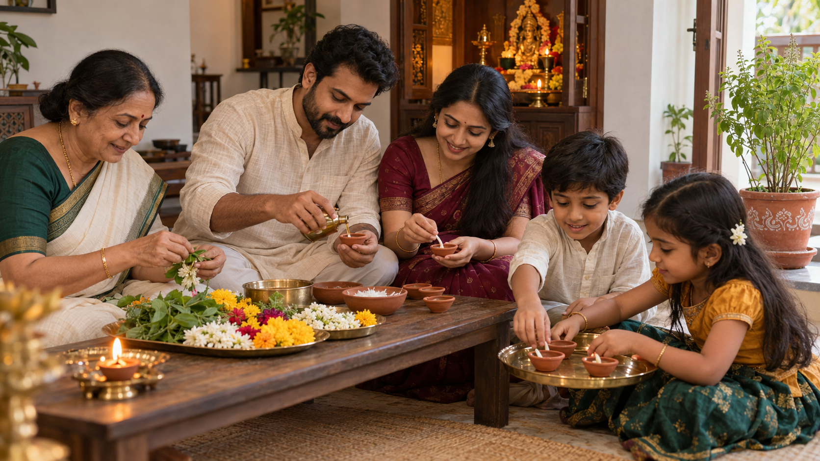 An intergenerational Indian family prepares clay lamps, flowers, and sacred leaves together at a low table.