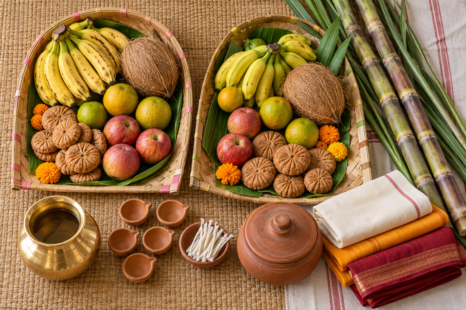 Bamboo offering trays with fruit, coconuts and thekua are arranged with sugarcane, a brass vessel, earthen lamps and folded clothes.