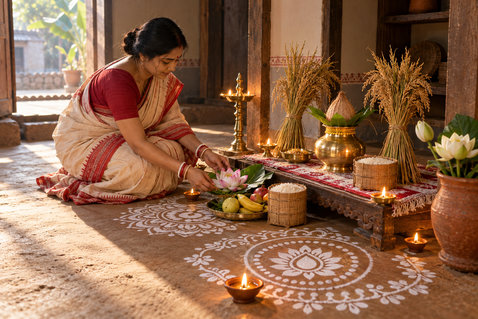 A woman in a cream-and-red sari arranges a Manabasa Gurubar altar with a brass vessel, rice, paddy sheaves, lotus flowers, oil lamps and white rice-paste floor designs.