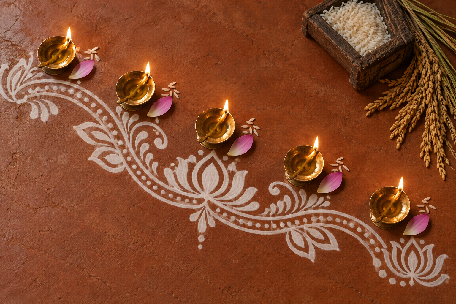 Five lit brass oil lamps form a sequence beside a continuous white rice-paste design, with rice grains, lotus petals, a grain measure and paddy stalks.