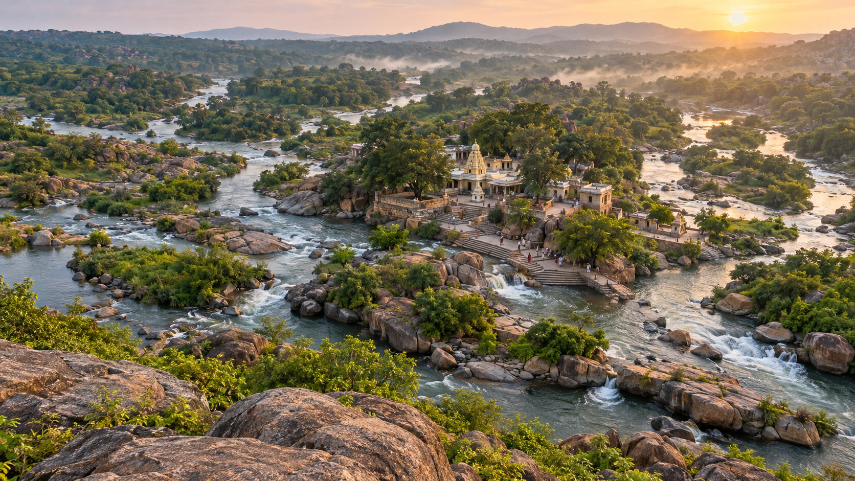 Edupayala Vana Durga Bhavani Temple set among granite rocks, green woodland, and converging streams near Nagasanpally.