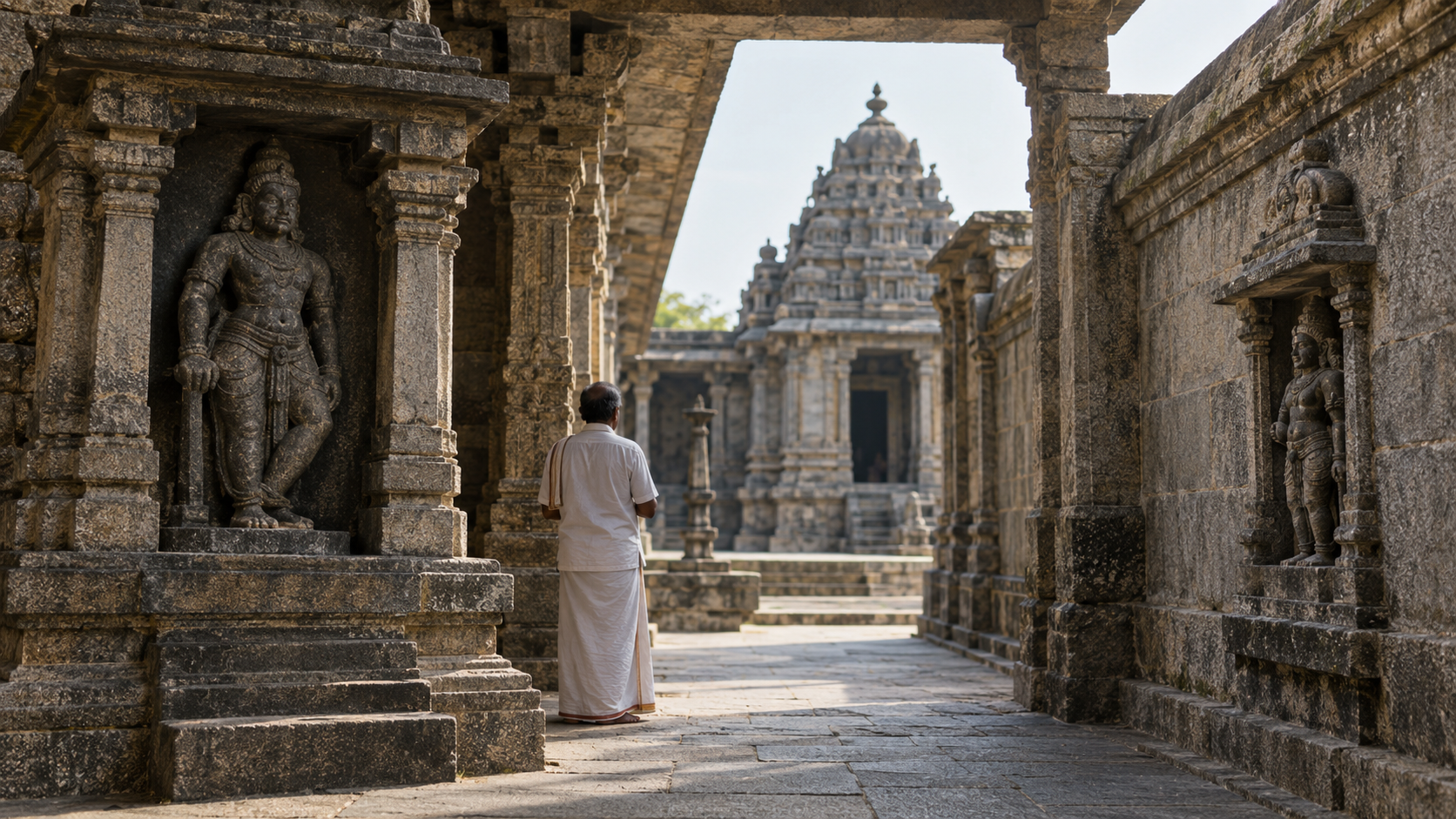 Two distinct guardian shrines occupy different positions along a granite corridor leading toward the central sanctum of a Tamil temple.