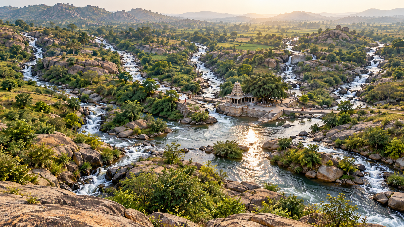 Seven shallow streams wind through rocks and vegetation before meeting beside the temple precinct.